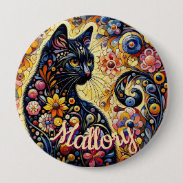 Whimsical Floral Black Cat Kitty Personalized Ronde Button 4,0 Cm