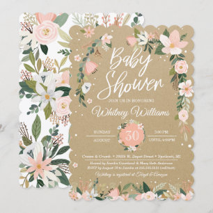 Whimsical Floral Blush Pink White Girl Baby shower Kaart