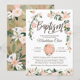 Whimsical Floral Blush Pink & White Girl Baptisme Kaart