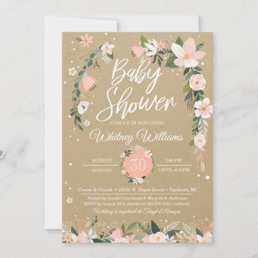 Whimsical Floral Blush & White Girl Baby shower Kaart (Voorkant)