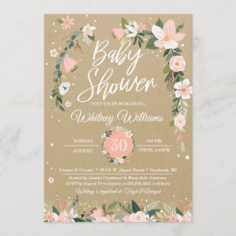 Whimsical Floral Blush & White Girl Baby shower Kaart