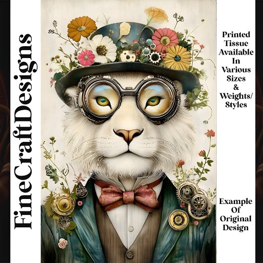 Whimsical Floral Boho Steampunk Lion M1 Decoupage Tissuepapier