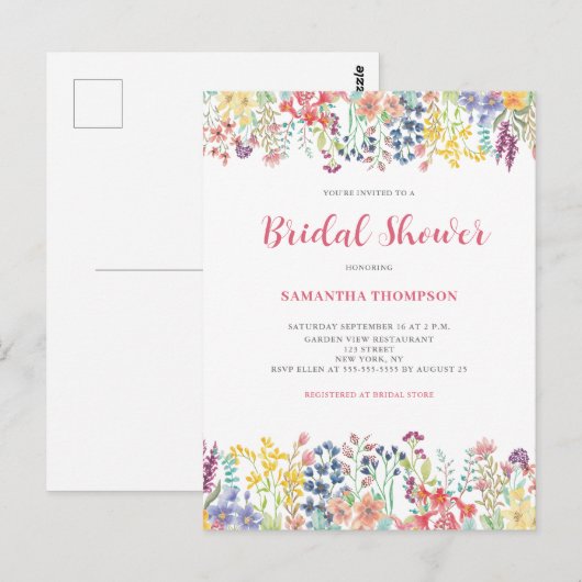 Whimsical Floral Bridal Shower Invitation Briefkaart (Voorkant / Achterkant)