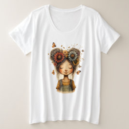 Whimsical Floral Bun Girl Cottagecore Art Grote Maat T-shirt