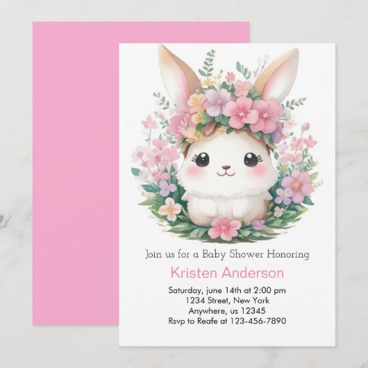 Whimsical Floral Bunny Meisje Baby shower Kaart (Voorkant / Achterkant)