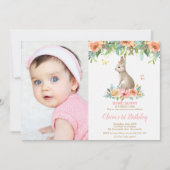Whimsical Floral Bunny Rabbit 1st Birthday Foto Kaart (Voorkant)