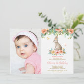 Whimsical Floral Bunny Rabbit 1st Birthday Foto Kaart (Staand voorkant)