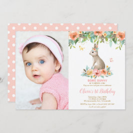 Whimsical Floral Bunny Rabbit 1st Birthday Foto Kaart