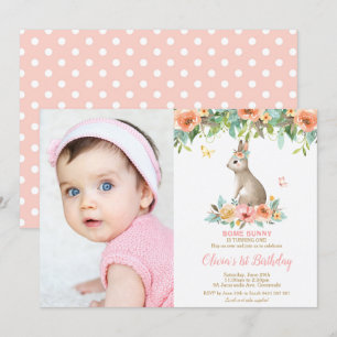 Whimsical Floral Bunny Rabbit 1st Birthday Foto Kaart