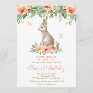 Whimsical Floral Bunny Rabbit 1st Birthday Party Kaart
