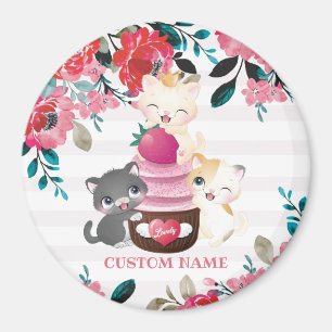 Whimsical Floral Cartoon Cats Strawberry Cupcake Magneet