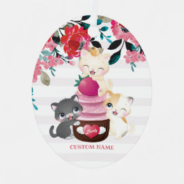 Whimsical Floral Cartoon Cats Strawberry Cupcake Metalen Ornament