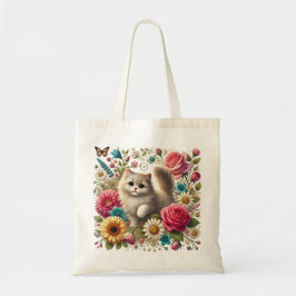 Whimsical Floral Cat Canvas tas