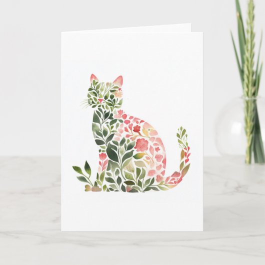 Whimsical Floral Cat Waterverf Groet Kaart (Voorkant)