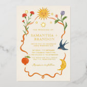 Whimsical Floral & Celestial Gold Wedding Folie Uitnodiging (Voorkant)