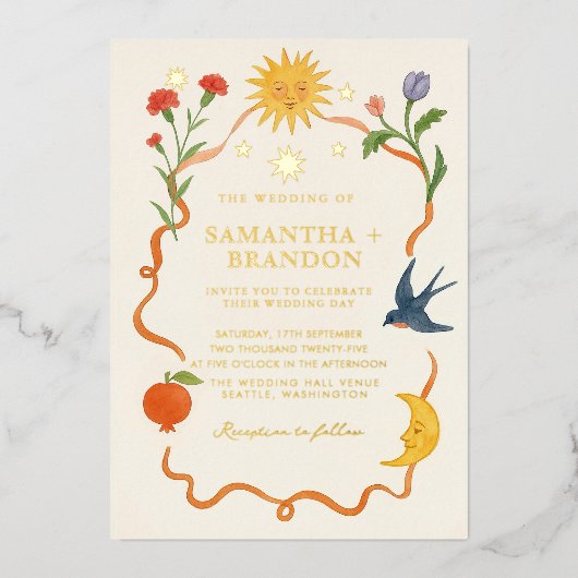 Whimsical Floral & Celestial Gold Wedding Folie Uitnodiging (Voorkant)