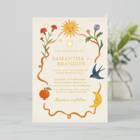 Whimsical Floral & Celestial Gold Wedding Folie Uitnodiging (Staand Voorkant)