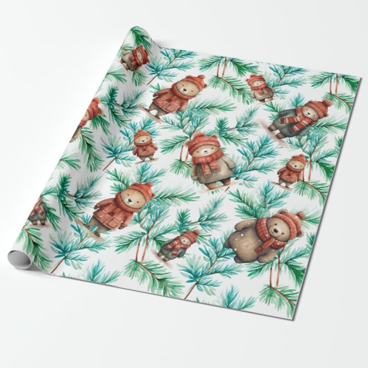 Whimsical Floral Christmas Beren Cadeaupapier (Uitgerold)