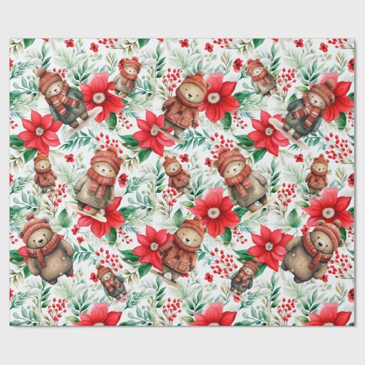 Whimsical Floral Christmas Beren Cadeaupapier (Vlak)