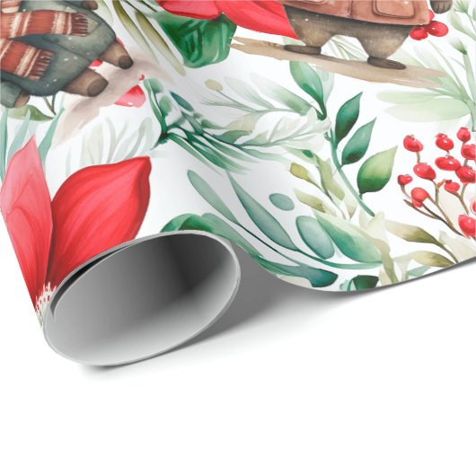 Whimsical Floral Christmas Beren Cadeaupapier (Rol Hoek)