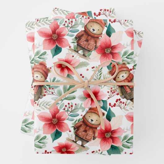 Whimsical Floral Christmas Beren Wrapping Paper (In situ)