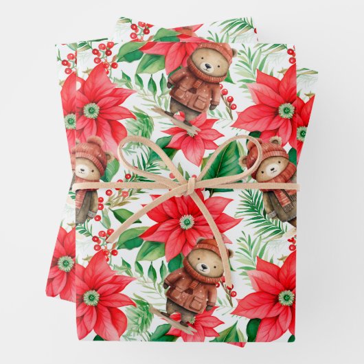 Whimsical Floral Christmas Beren Wrapping Paper (In situ)