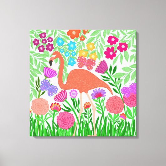 Whimsical Floral Coral Flamingo Art Canvas Afdruk (Voorkant)