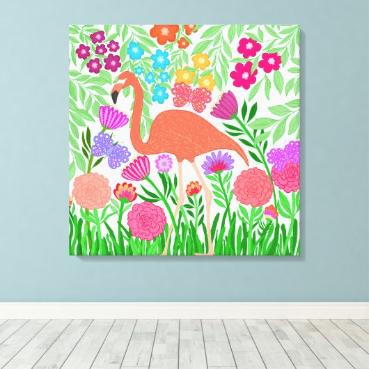 Whimsical Floral Coral Flamingo Art Canvas Afdruk (Insitu (Houten vloer))