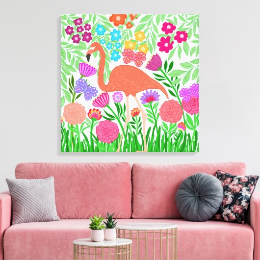 Whimsical Floral Coral Flamingo Art Canvas Afdruk (Insitu (Woonkamer))