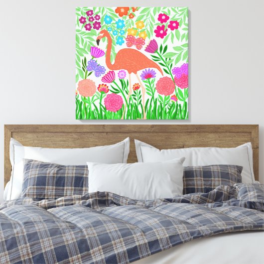 Whimsical Floral Coral Flamingo Art Canvas Afdruk (Insitu (Slaapkamer))