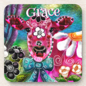 Whimsical Floral Cow Pink Teal Black Personalized Bier Onderzetter (Voorkant)