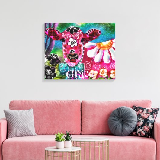Whimsical Floral Cow Pink Teal Black Personalized Canvas Afdruk (Insitu (Woonkamer))