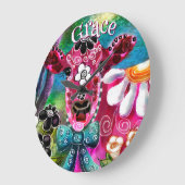 Whimsical Floral Cow Pink Teal Black Personalized Grote Klok (Hoek)