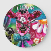 Whimsical Floral Cow Pink Teal Black Personalized Grote Klok (Voorkant)