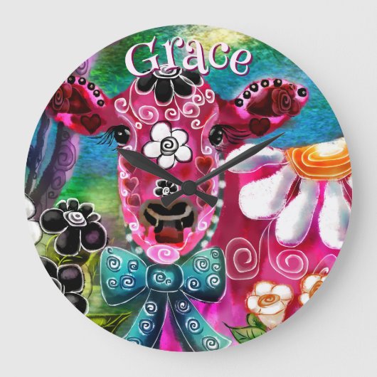 Whimsical Floral Cow Pink Teal Black Personalized Grote Klok (Voorkant)