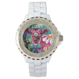 Whimsical Floral Cow Pink Teal Black Personalized Horloge
