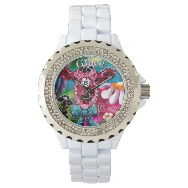 Whimsical Floral Cow Pink Teal Black Personalized Horloge (Voorkant)