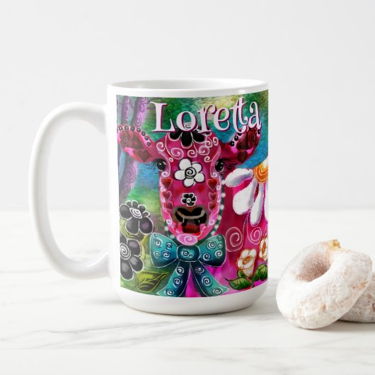 Whimsical Floral Cow Pink Teal Black Personalized Koffiemok (Met donut)