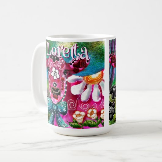 Whimsical Floral Cow Pink Teal Black Personalized Koffiemok (Voorkant links)