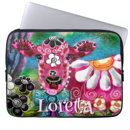 Whimsical Floral Cow Pink Teal Black Personalized Laptop Sleeve