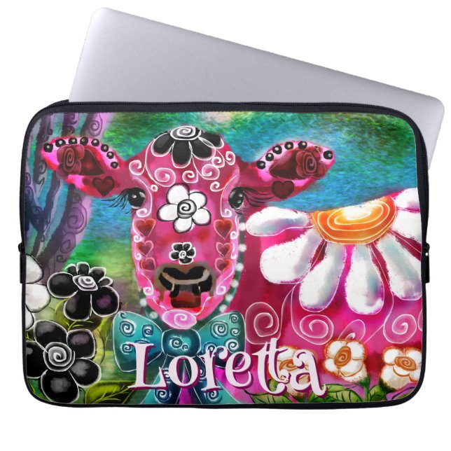 Whimsical Floral Cow Pink Teal Black Personalized Laptop Sleeve (Voorkant)
