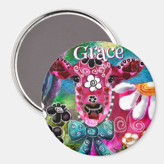 Whimsical Floral Cow Pink Teal Black Personalized Magneet (Voorkant / Achterkant)