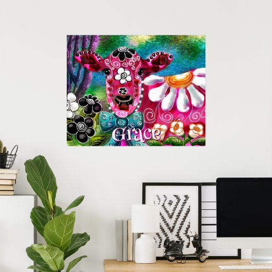 Whimsical Floral Cow Pink Teal Black Personalized Poster (Thuiskantoor)