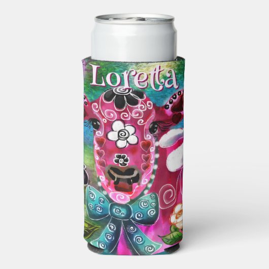 Whimsical Floral Cow Pink Teal Black Personalized Seltzer Blikjeskoeler (Seltzer Achterkant)