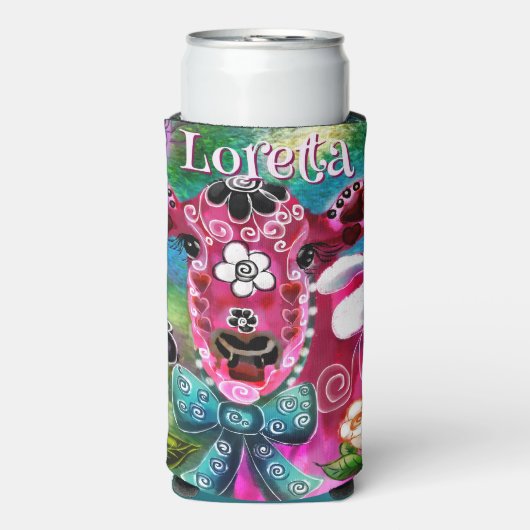 Whimsical Floral Cow Pink Teal Black Personalized Seltzer Blikjeskoeler (Seltzer Voorkant)