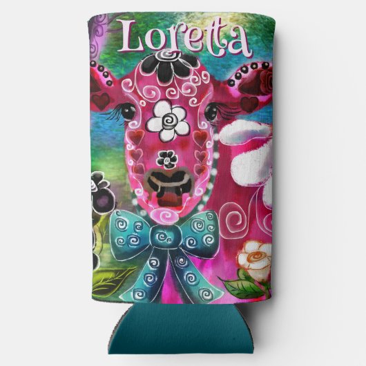 Whimsical Floral Cow Pink Teal Black Personalized Seltzer Blikjeskoeler (Achterkant)