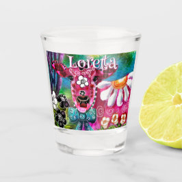 Whimsical Floral Cow Pink Teal Black Personalized Shot Glas