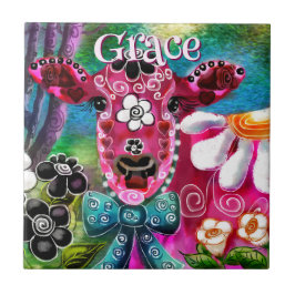 Whimsical Floral Cow Pink Teal Black Personalized Tegeltje