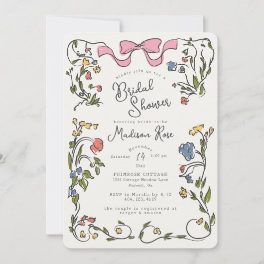 Whimsical Floral Doodle Bridal Shower Invite Kaart (Voorkant)