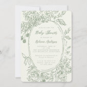 Whimsical Floral Doodle Sage Green Baby Shower Kaart (Voorkant)